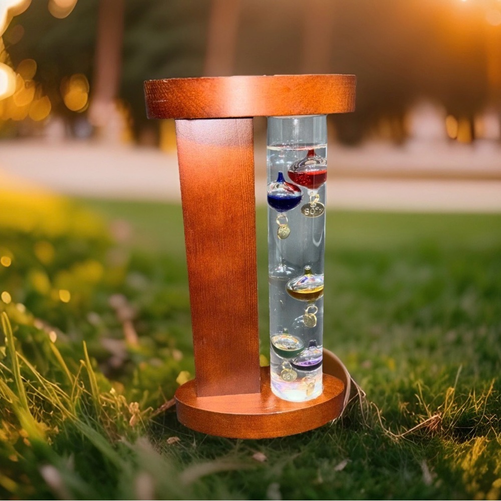 Galileo Thermometer with Wood Frame Cherry Finish Floating Glass Bulbs 8.25in